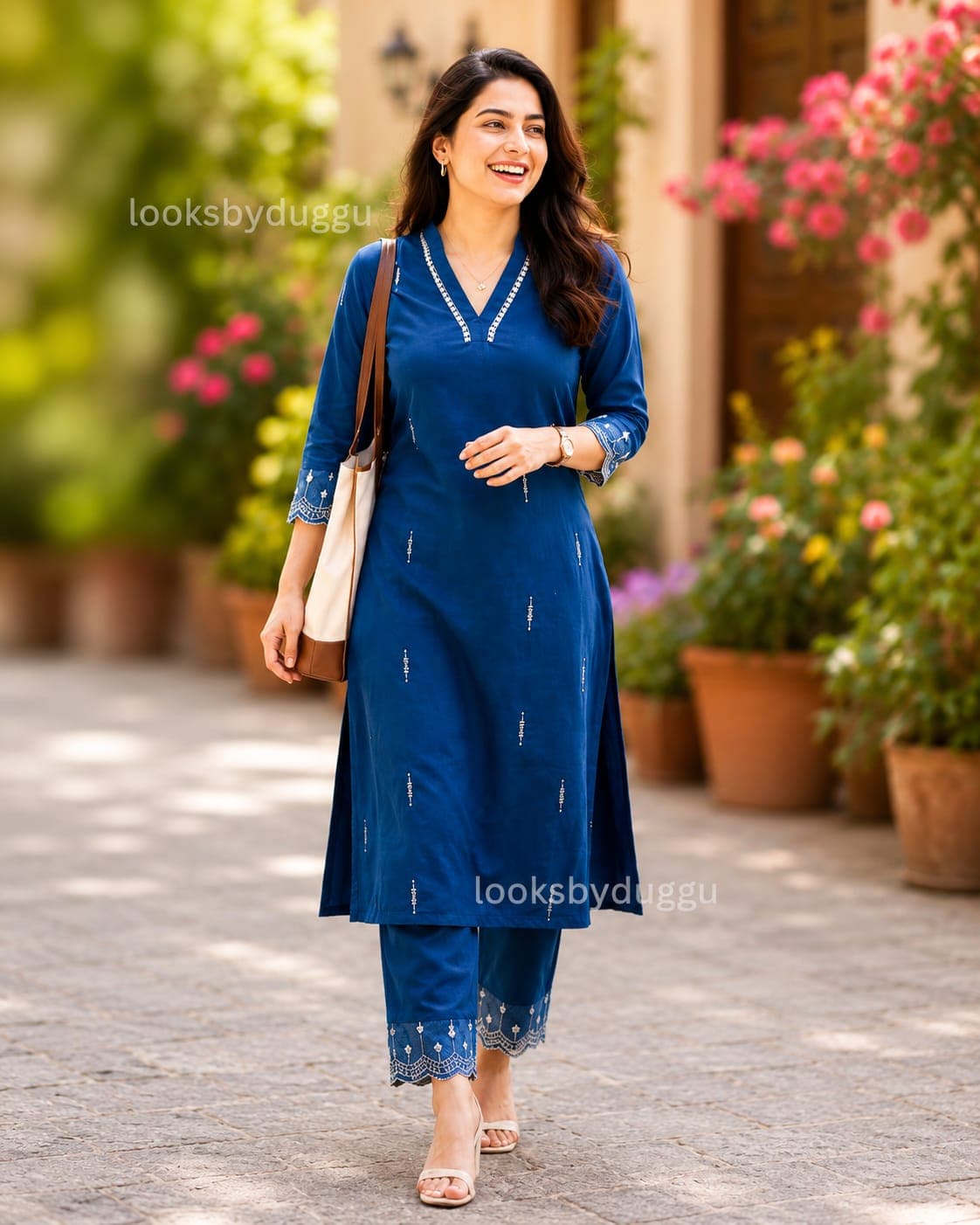 Women's Blue Embroidered Straight Kurta Set