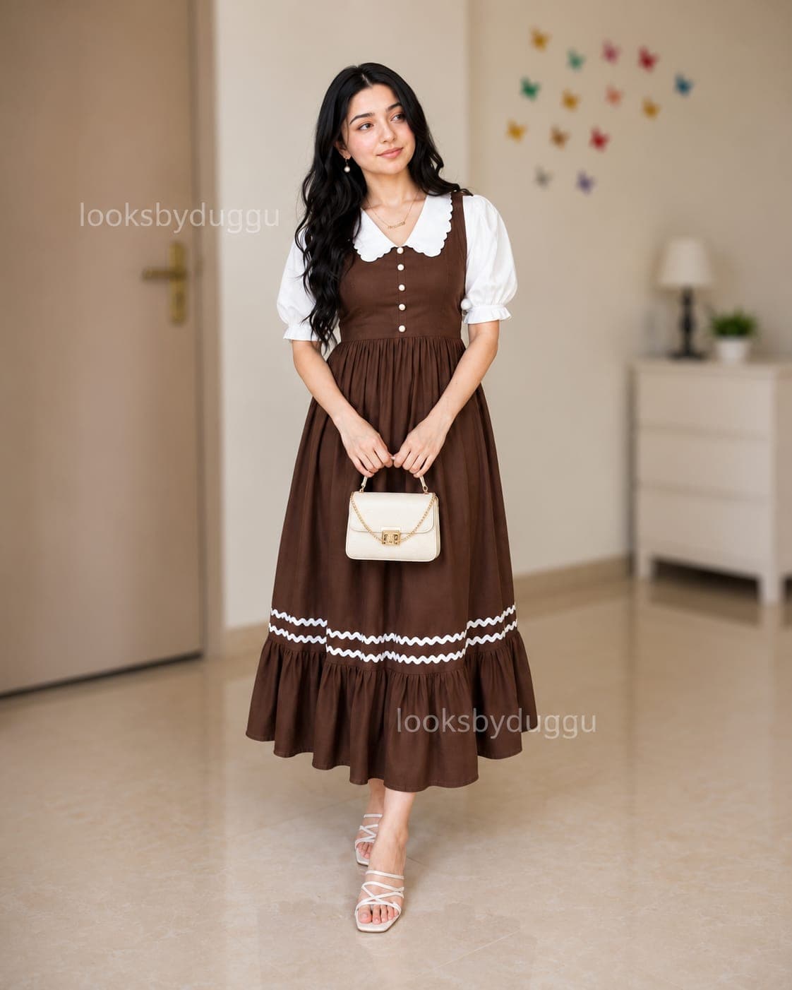 Women's Brown Peter Pan Collar Midi Dress