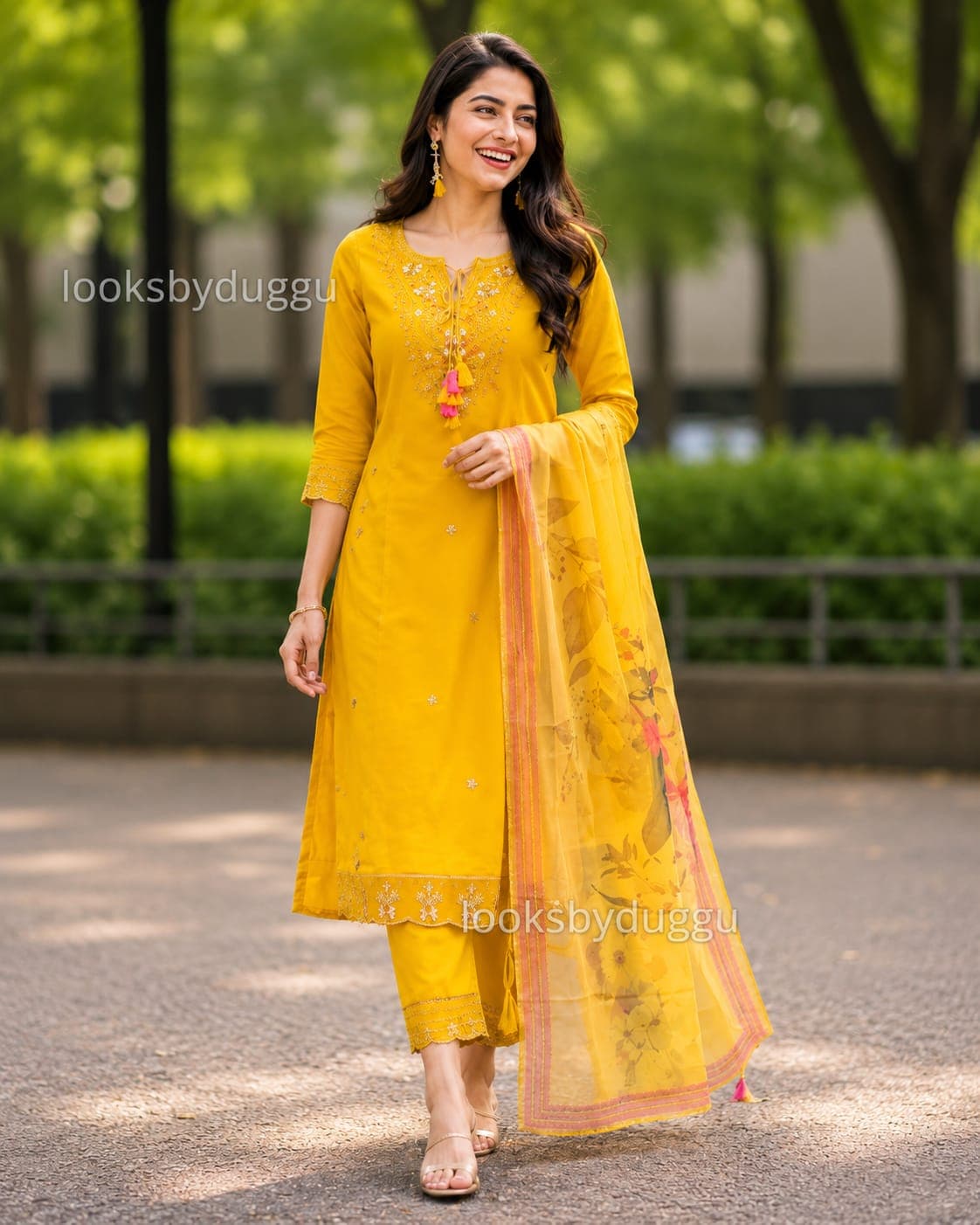 Women's Yellow Embroidered Kurta Set with Floral Dupatta