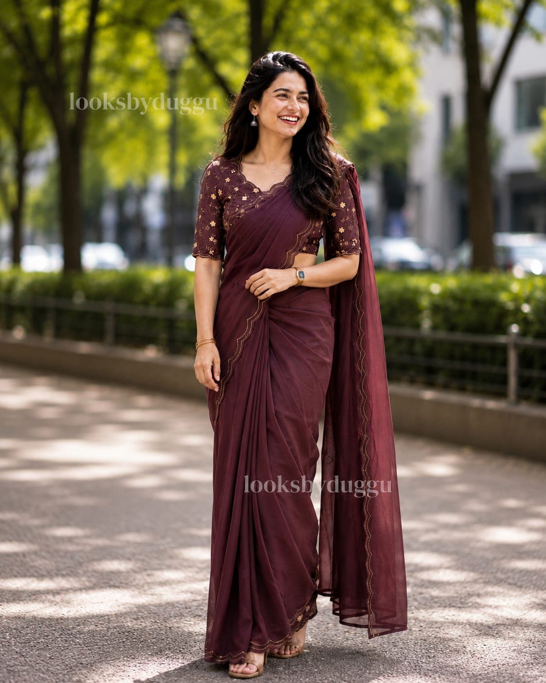 Women's Maroon Embroidered Saree with Designer Blouse