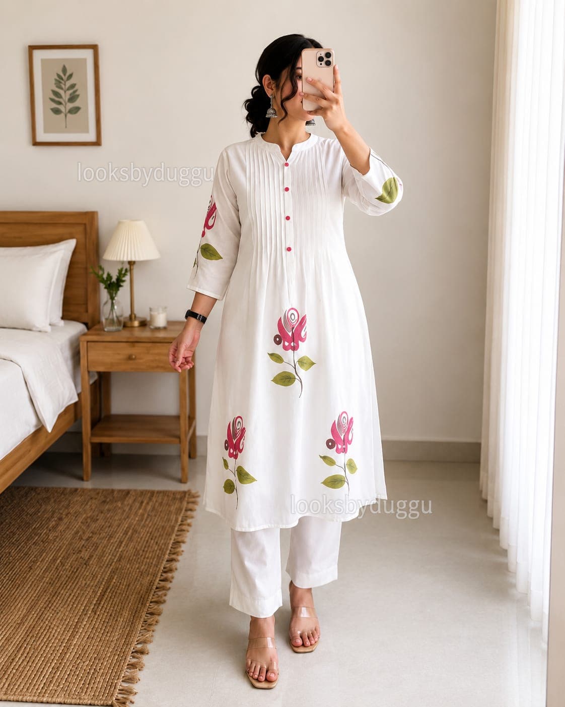 Women's White Floral Printed Straight Kurta Set
