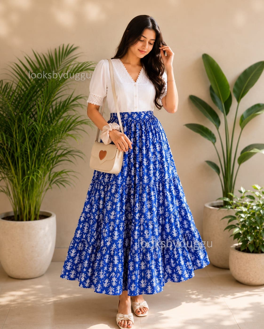 Women's White Lace Top with Blue Printed Maxi Skirt