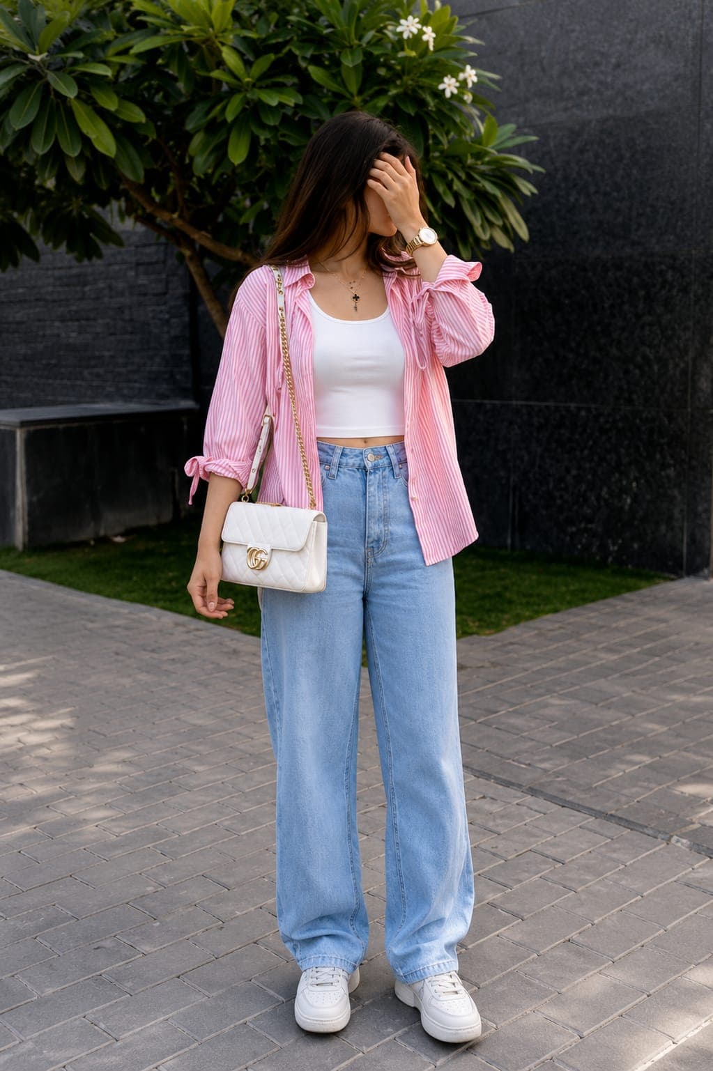 Women's Pink Striped Oversized Shirt with White Crop Top & Wide Leg Jeans | Casual Western Outfit