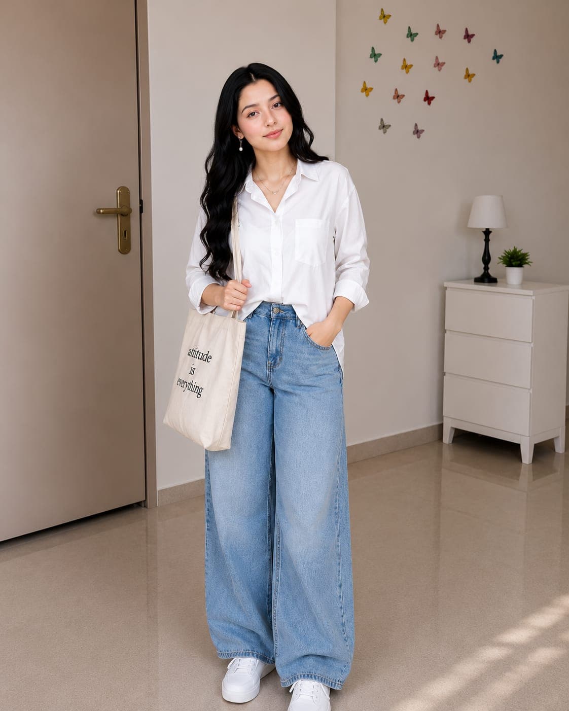 Women's White Oversized Shirt with Light Blue Wide Leg Jeans | Minimal Casual Western Outfit