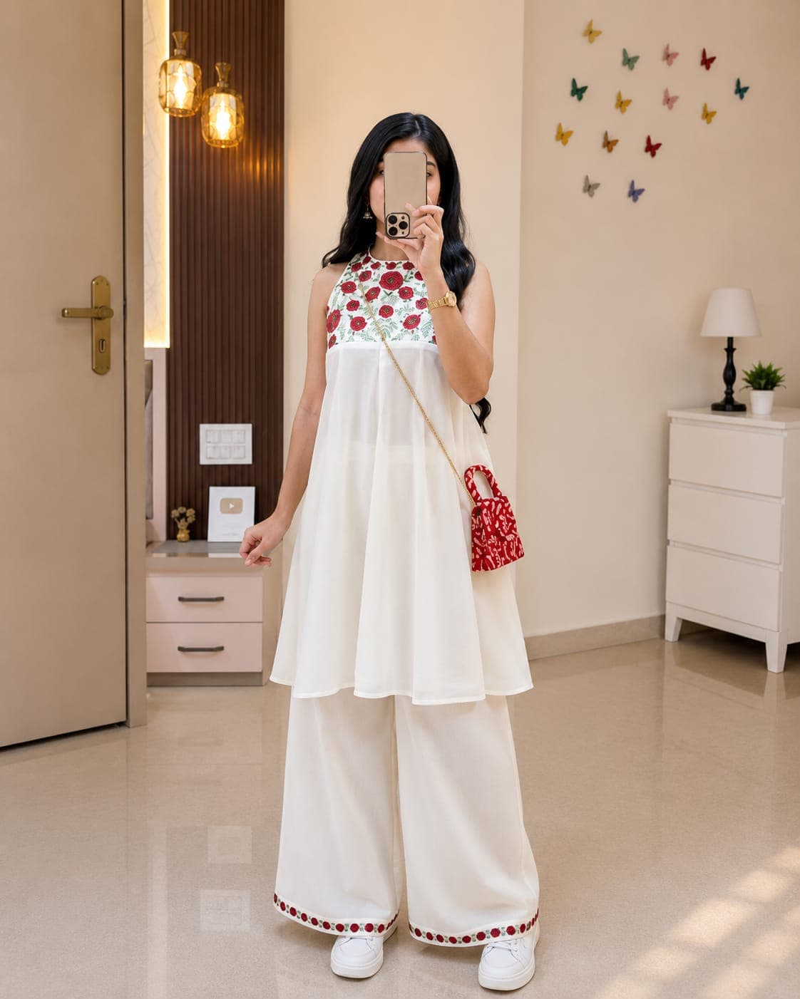 Women's White Floral Embroidered Kurta Set with Palazzo Pants | Elegant Ethnic Co-ord Outfit