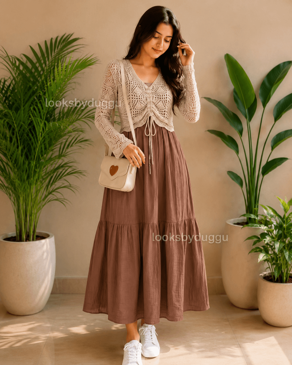 Brown Maxi Dress with Knit Cardigan