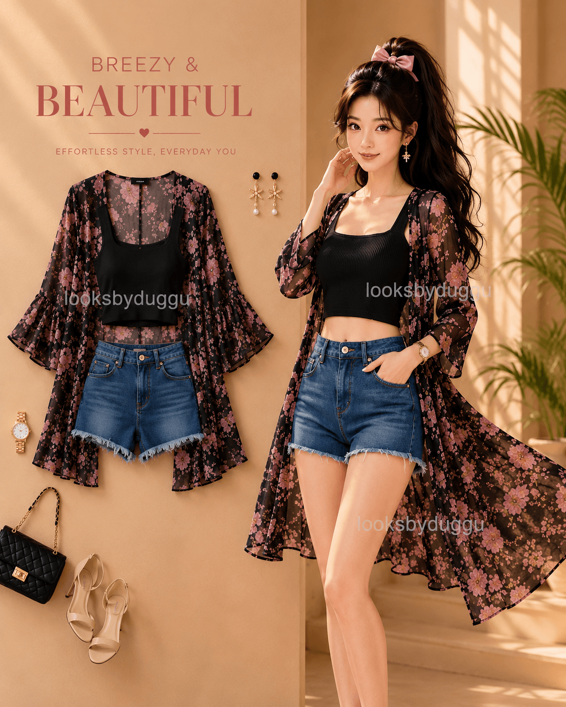 Black Floral Bell Sleeve Shrug