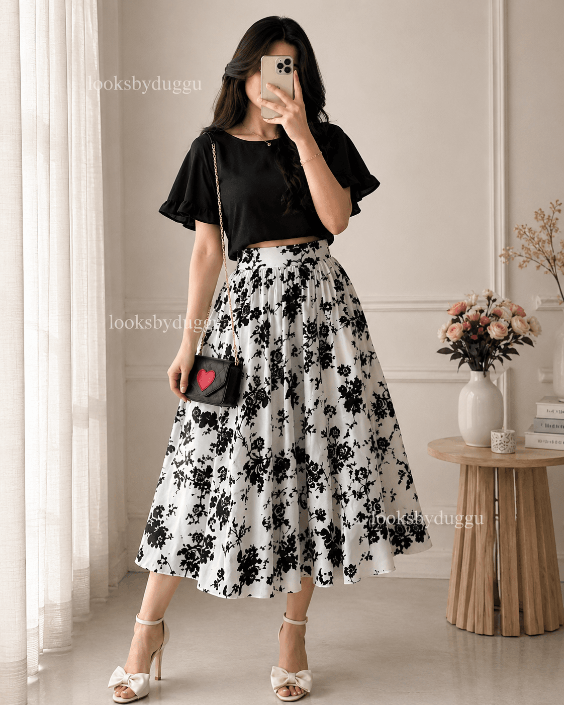 Black Floral Midi Skirt